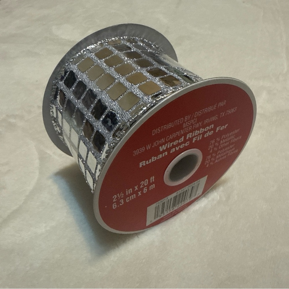 2.5” X 20 Ft Wired ribbon silver disco design glitter grid pattern celebrate it